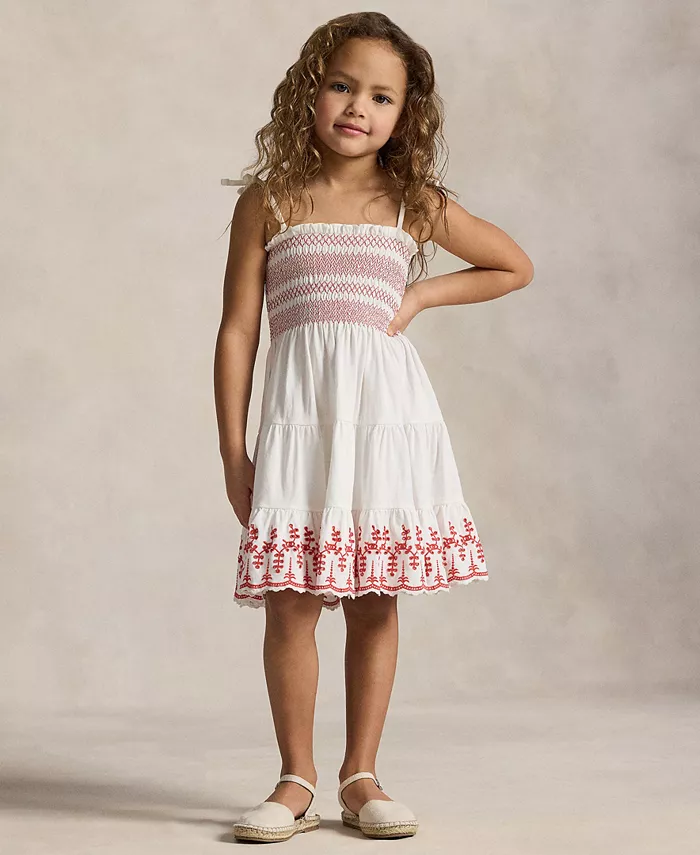 

Платье для девочек и малышек из джерси с вышивкой и ажурной вставкой Polo Ralph Lauren, белый