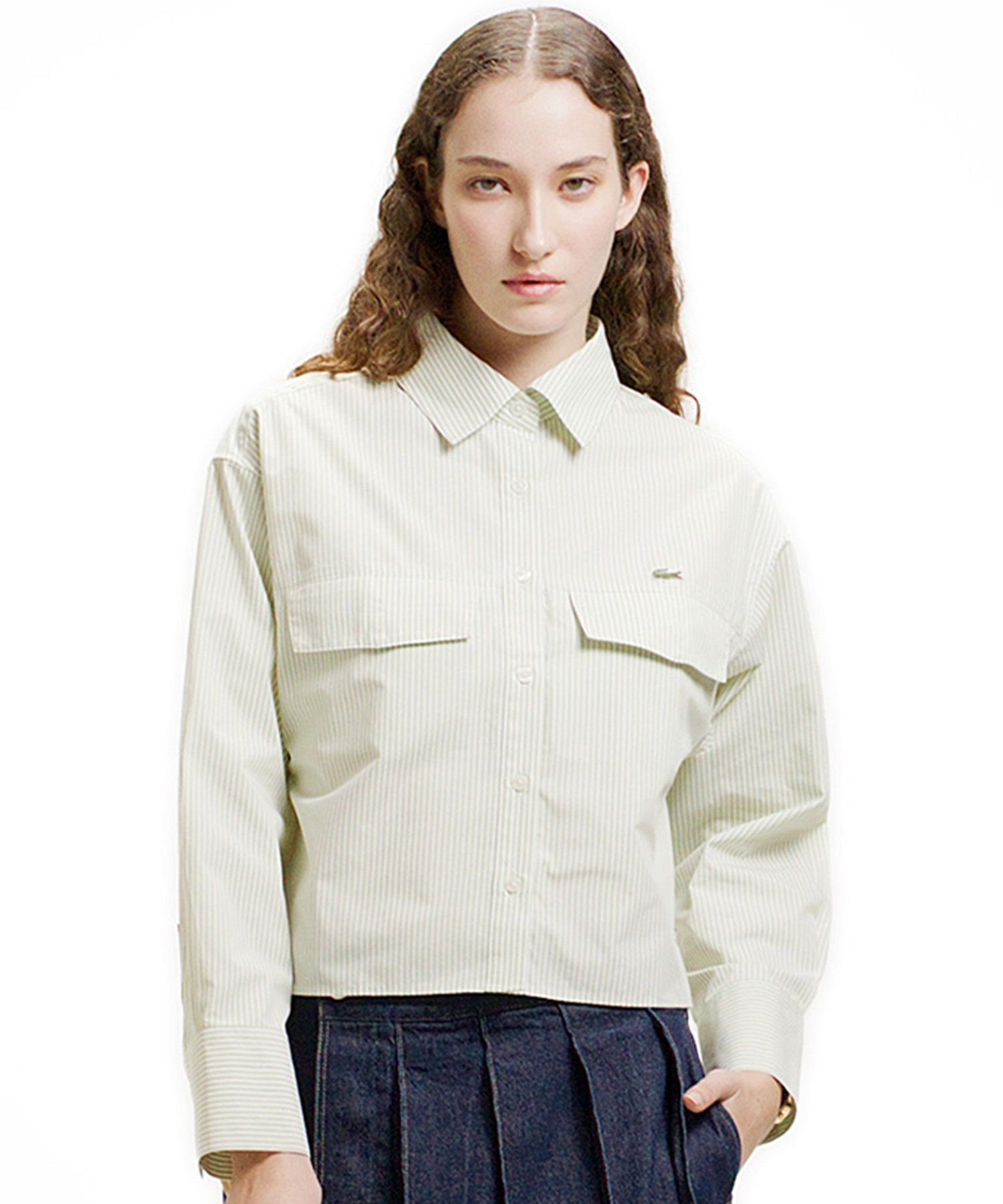 Рубашка LACOSTE полосатая укороченная, Sage Green