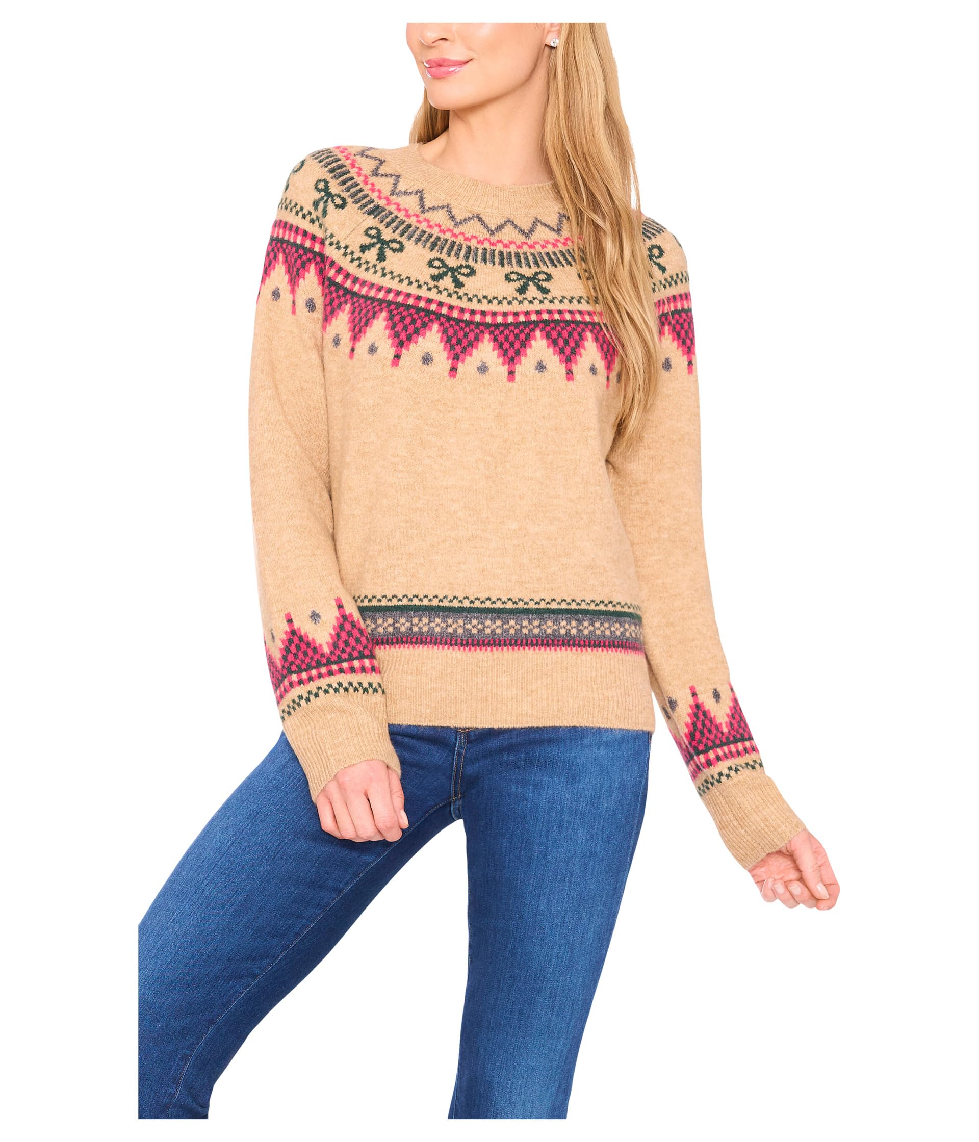 

Свитер CeCe Ribbon Fairisle Crew Neck Sweater, цвет Latte Heather