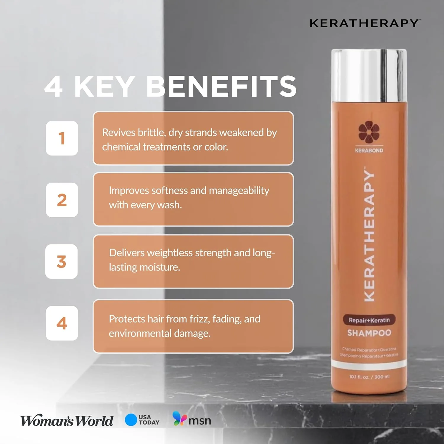 Шампунь KERATHERAPY Keratin FIXX Repair с кератином, восстанавливающий шампунь для сухих, поврежденных или вьющихся волос с экстрактом икры, прозрачный, 300 мл (.) (Внешний вид может отличаться) — фото 4