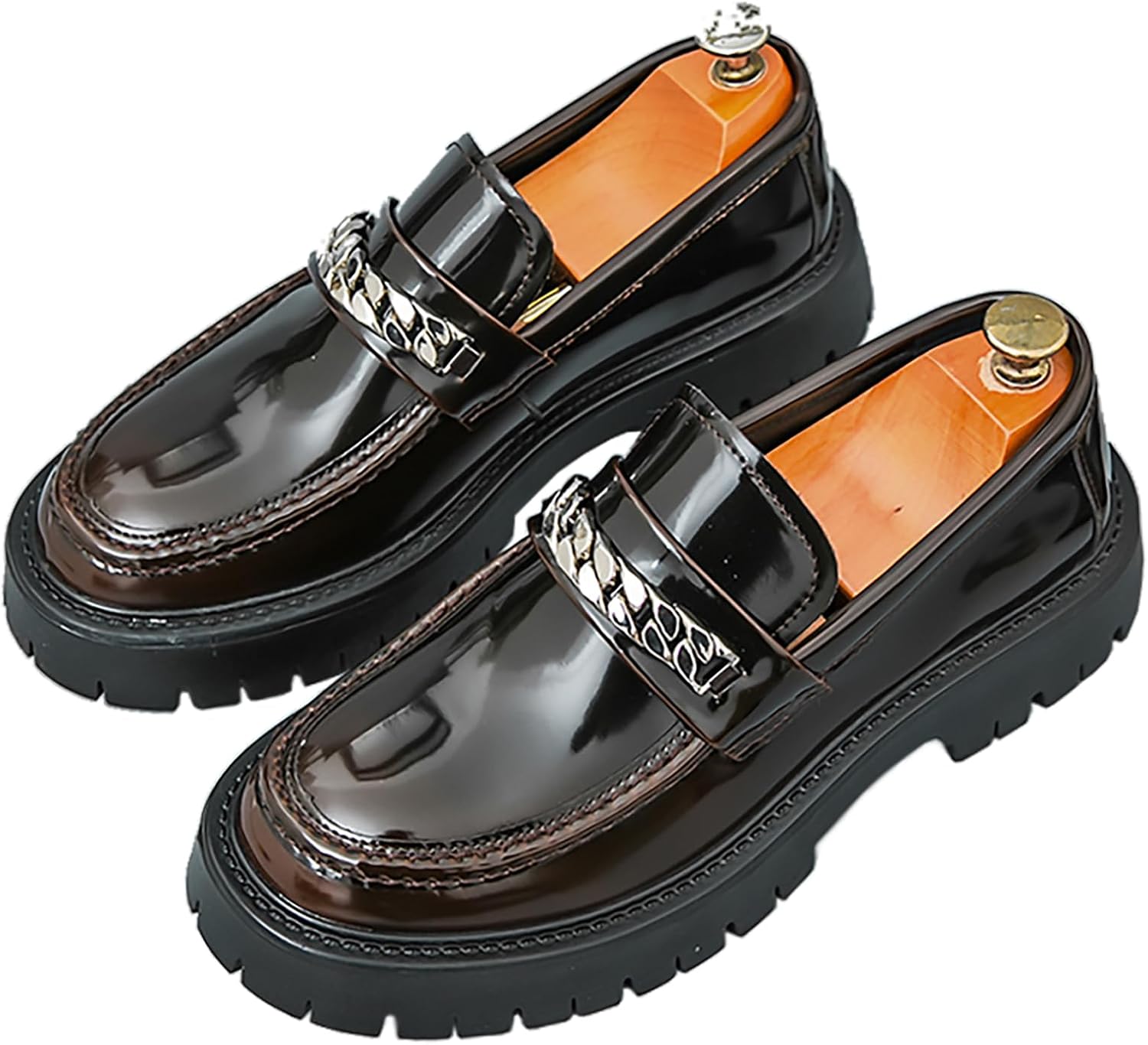 

Мужские стильные лоферы из лакированной кожи с массивным каблуком, туфли смокинг с декором в виде цепочки, подошва с протектором, платформа, нескользящие, удобные, без шнурков, деловые лоферы для офиса Bwseobg, коричневый