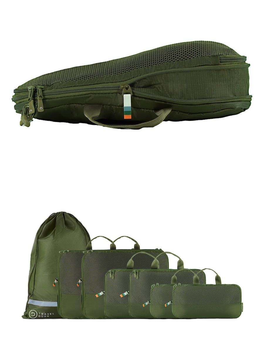 

Дорожная сумка TRAVEL DUDE Packing Cubes Set 7-tlg. mit Kompression aus recycelten Plastikflaschen | Leichte Packwürfel | Packtaschen Set für Rucksack & Koffer, темно-зеленый