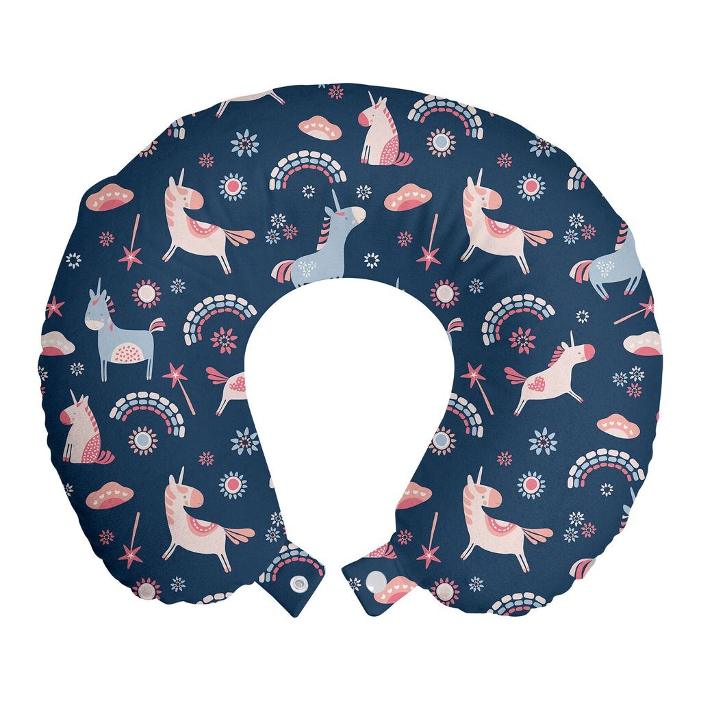 

ABAKUHAUS Animal Travel Pillow Подушка для шеи, Единороги и радуги, Пенопластовые дорожные принадлежности для самолетов и автомобилей, 30x30 см, Ночной синий разноцветный