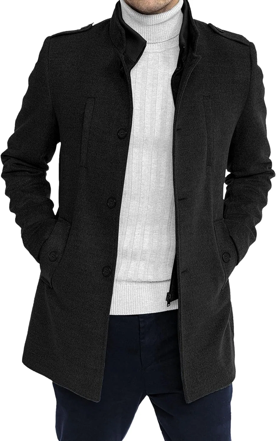 Мужское пальто с отложным воротником, однобортное, в стиле pea coat, повседневное, средней длины, приталенное Generic, черный
