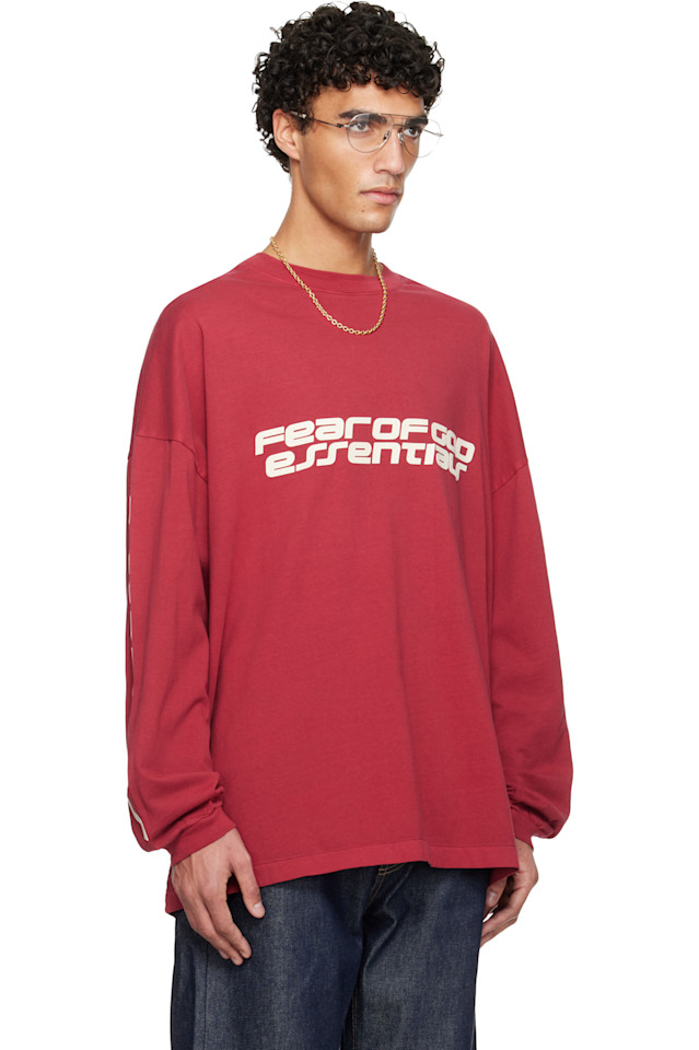 Fear Of God Essentials Красная праздничная футболка с длинными рукавами в стиле 90-х — фото 2