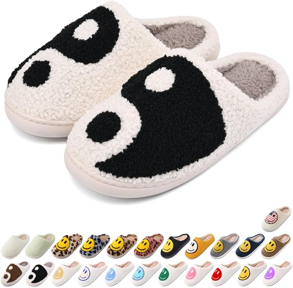 

Домашние тапочки AIMINUO для женщин и мужчин, ретро стиль, с улыбкой, мягкие и теплые плюшевые тапочки на молнии, удобная зимняя обувь для дома, с мягкой подушкой, противоскользящие и пушистые, черный