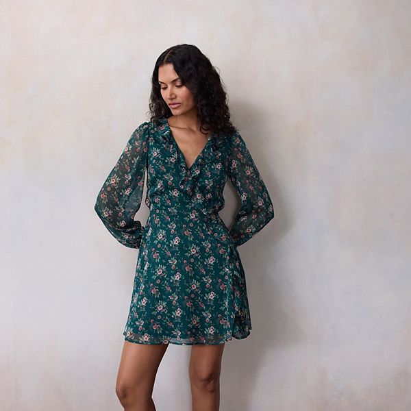 

Мини-платье с длинными рукавами и каскадными рюшами Petite Lc Lauren Conrad, Green Evie Berry