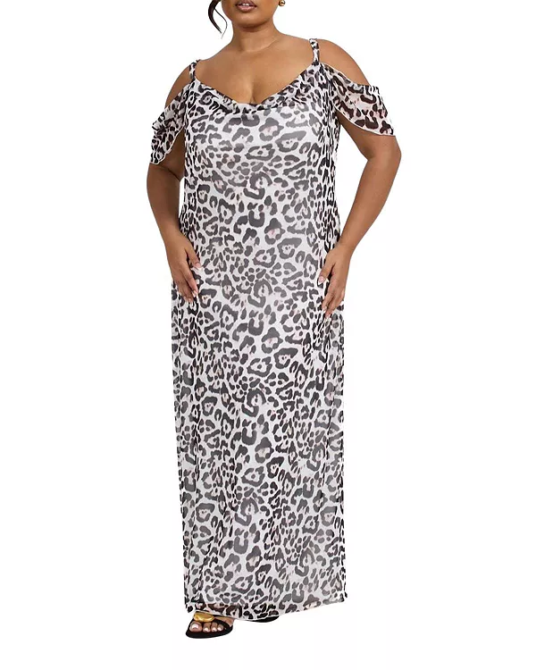 

Длинное платье с открытыми плечами и леопардовым принтом Fashion-Szn Curve, мультиколор