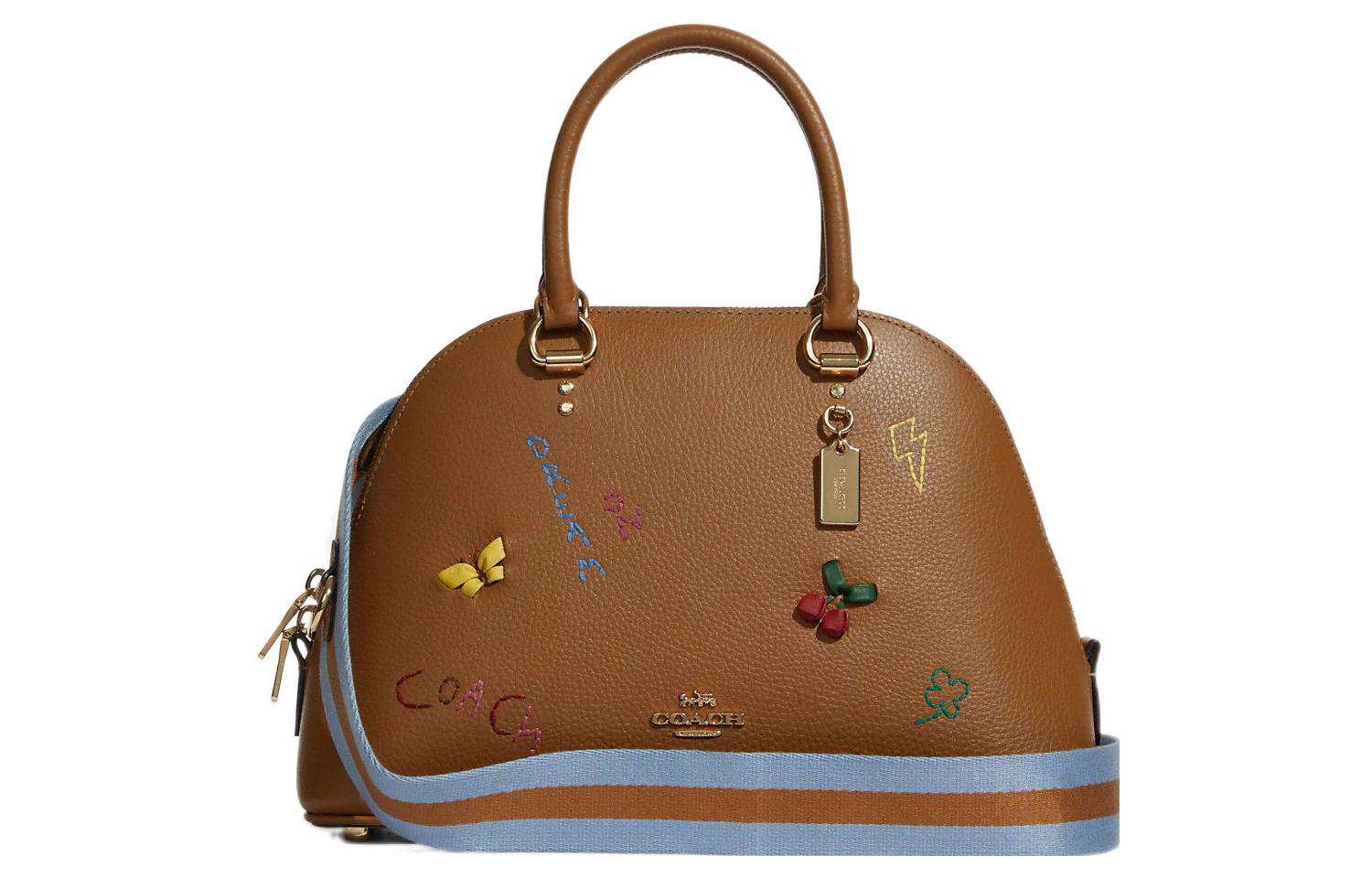 

COACH Кожаная сумка Katy Dome, женская сумка через плечо, большая коричневая и синяя