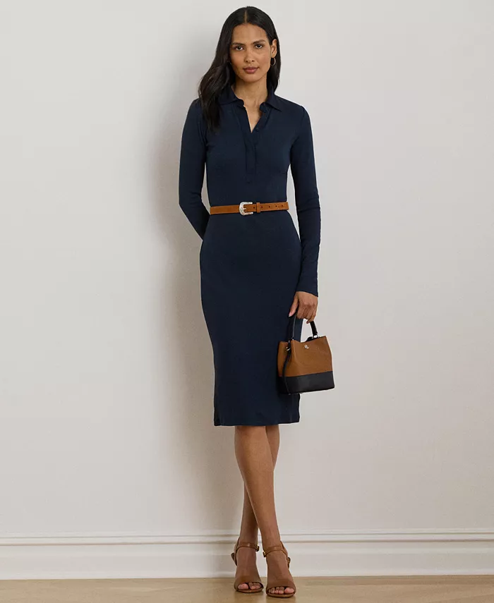 

Женское платье-поло из хлопковой смеси с ребристой вязкой Lauren Ralph Lauren, синий