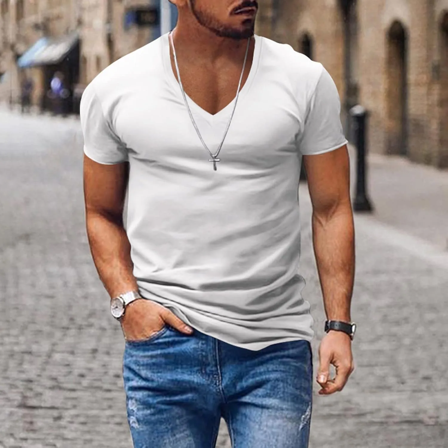 Мужская футболка с V-образным вырезом, Slim Fit, легкая — фото 3