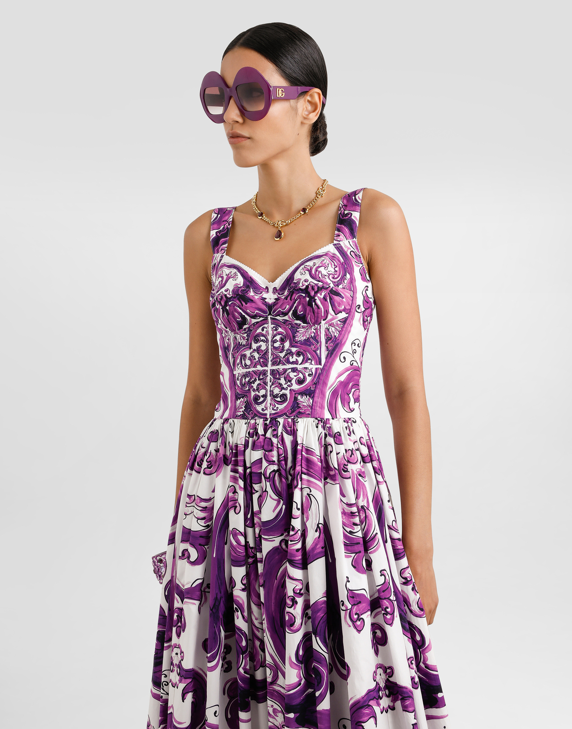 Длинное платье из поплина с принтом «майолика» Dolce & Gabbana, мультиколор — фото 4