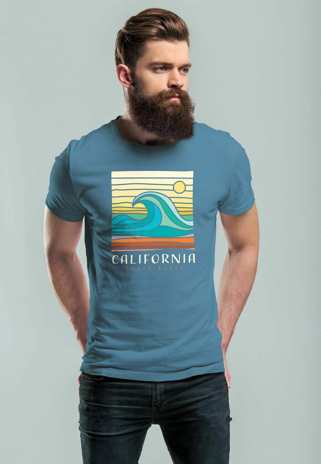 

Футболка с принтом CALIFORNIA SOUTH BEACH WELLE WAVE SURFING PRINT A Neverless, синий