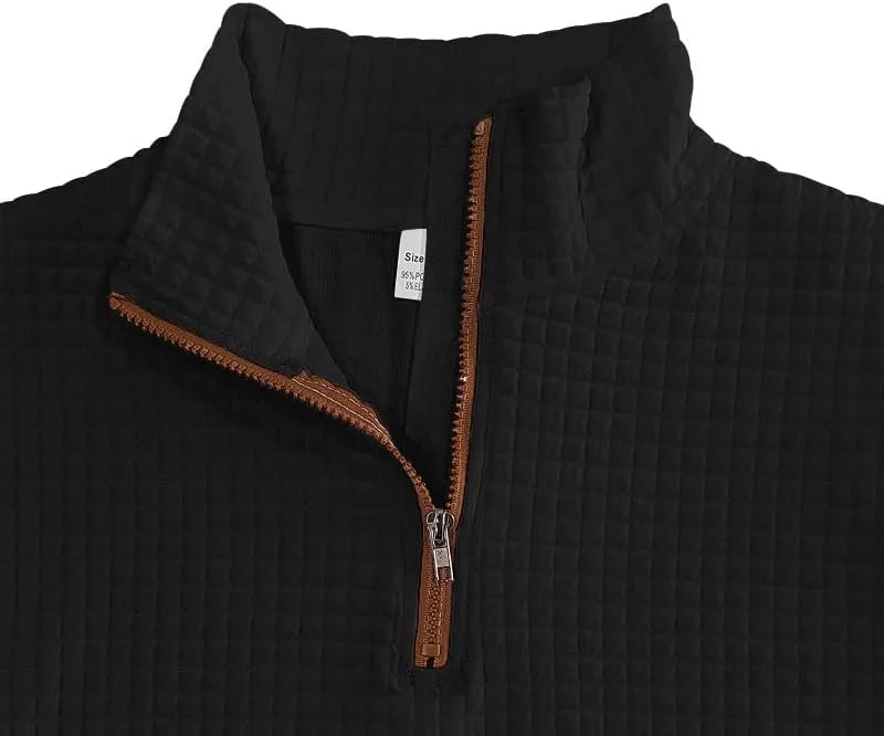 Мужская толстовка на молнии до середины груди, с воротником-стойкой, длинными рукавами, вафельной текстурой, налокотниками, осенняя куртка с карманом Generic, черный — фото 3
