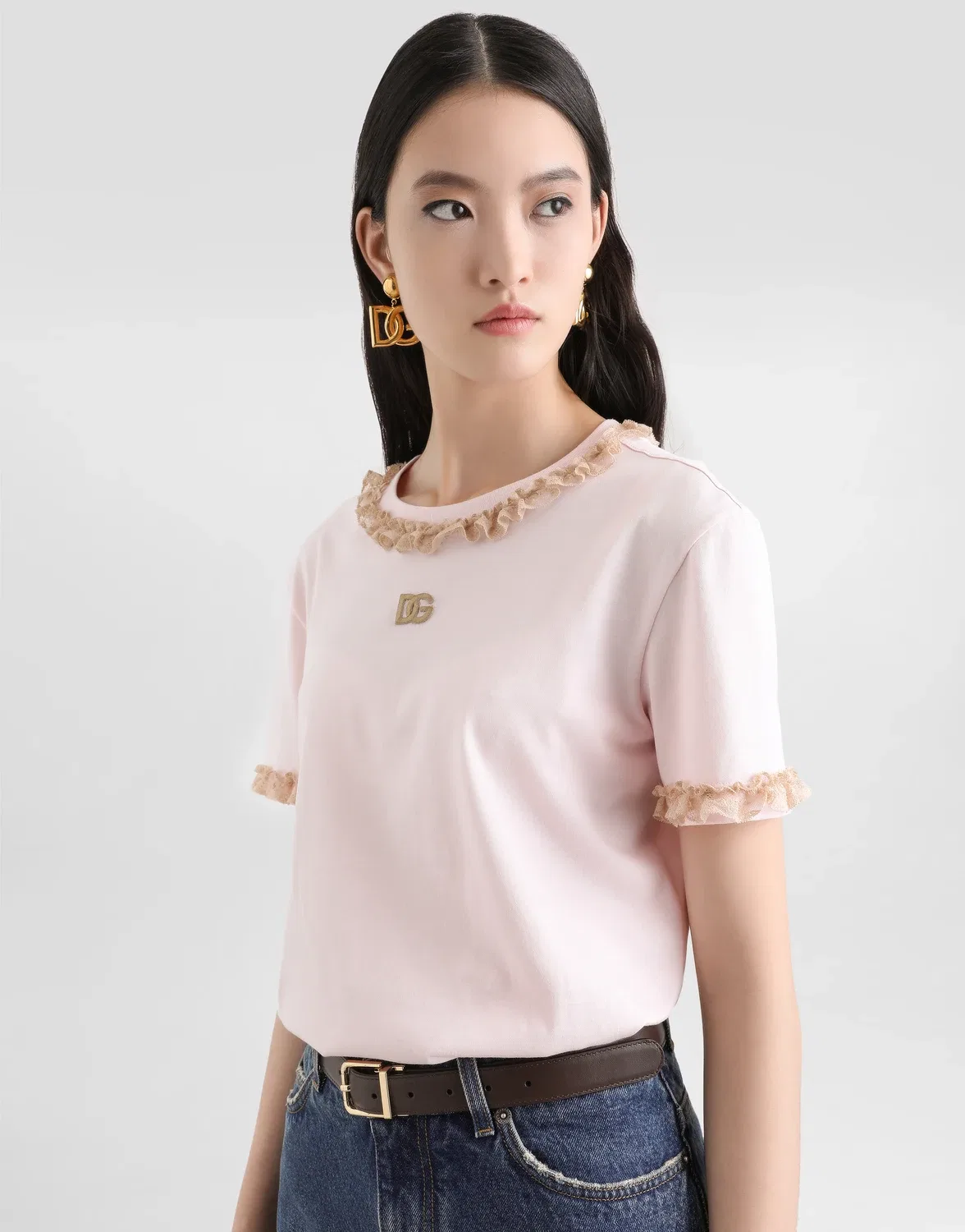Футболка из трикотажа с кружевом и вышивкой DOLCE & GABBANA, розовый — фото 4