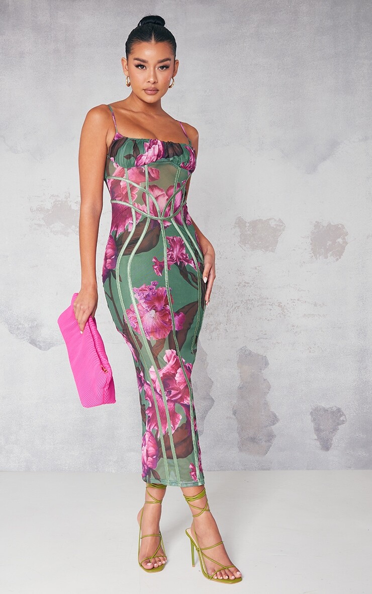 

PrettyLittleThing Зеленое платье мидакси с сетчатой ​​окантовкой и цветочным принтом, Зеленый, PrettyLittleThing Зеленое платье мидакси с сетчатой ​​окантовкой и цветочным принтом