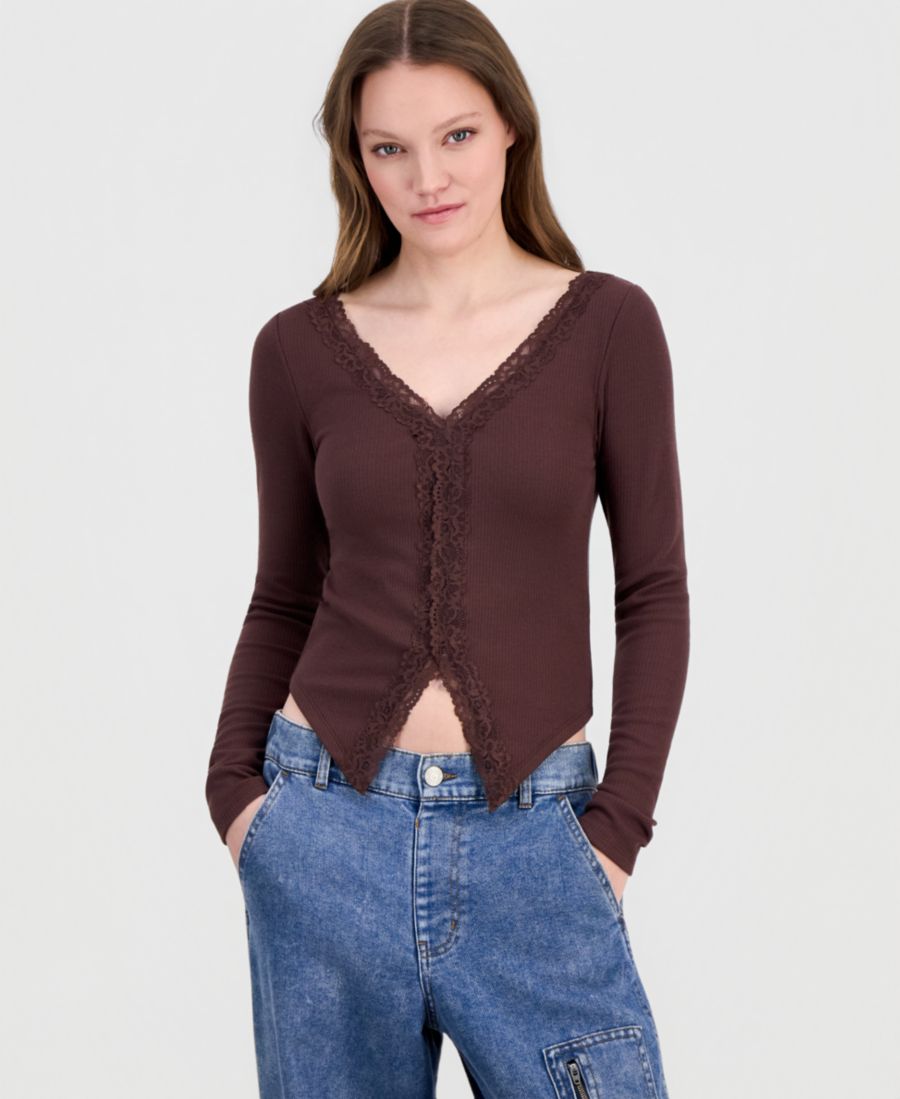 

Детская ребристая блузка с длинными рукавами и кружевной отделкой Derek Heart, French Toast