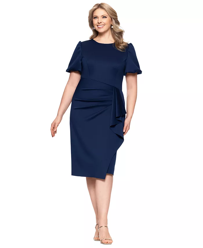 

Платье-футляр с драпировкой и короткими рукавами на лодочке Plus Size XSCAPE, синий