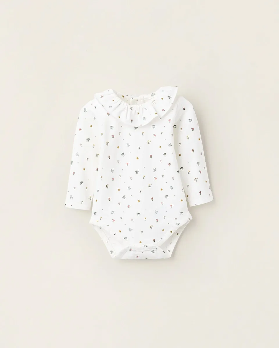 

Боди для девочки с цветочным узором и оборками на кнопках Zippy, белый