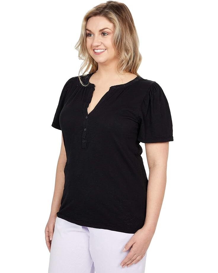 

Топ bobi Los Angeles Slubbed Jersey Button Front Short Sleeve Top, черный