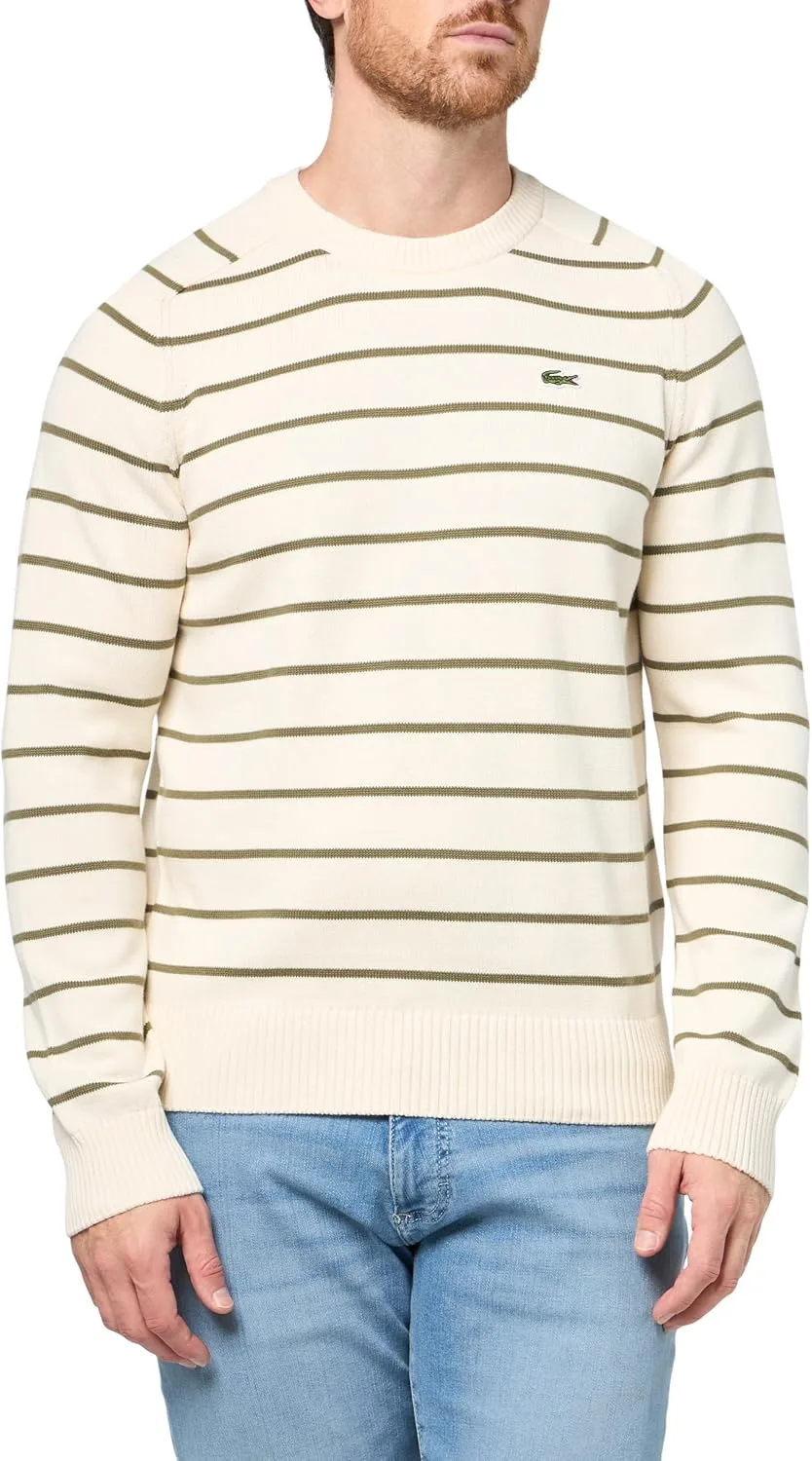Свитер Lacoste мужской, 3D вязаный, круглый вырез, хлопок, полосатый, оливковый