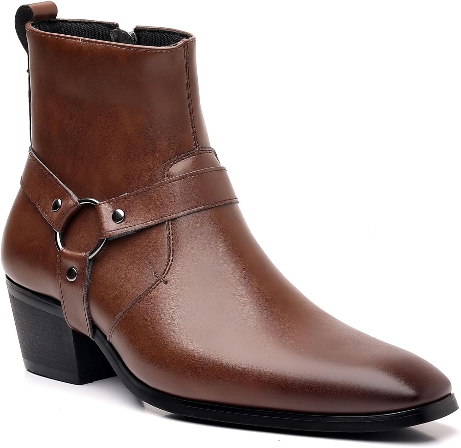 

Мужские ботинки Челси с заостренным носком, ремешками с пряжками, боковой молнией, массивным низким каблуком, вестерн-стиль, формальные и повседневные ботильоны Abborora, коричневый