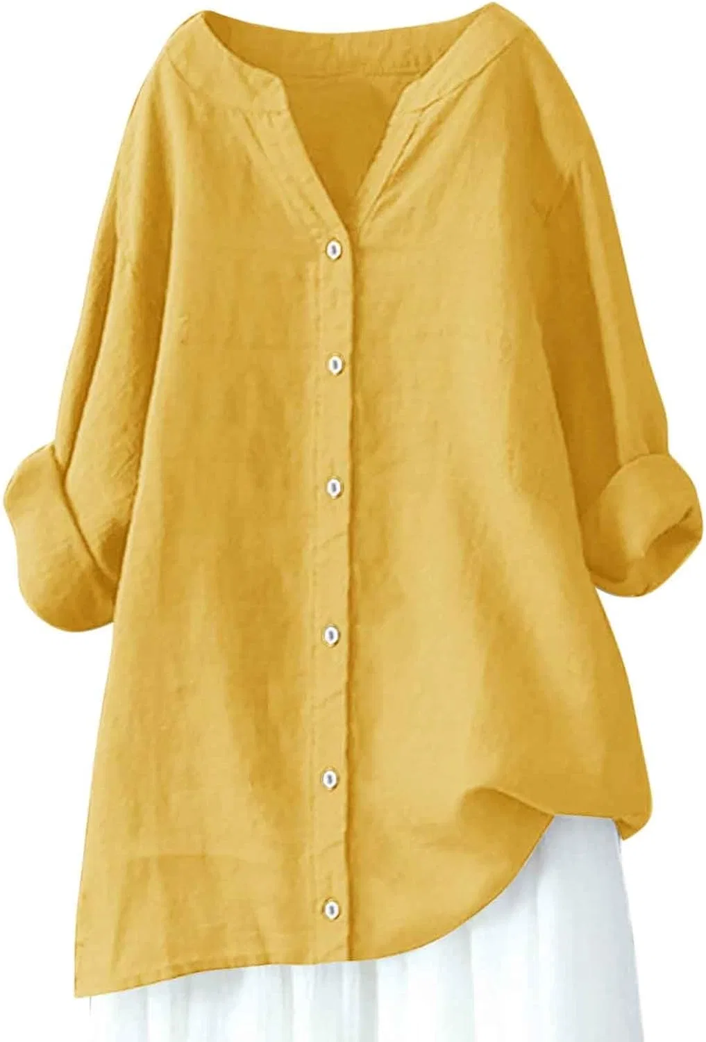 Блуза свободная на пуговицах, Oversized Women Loose Button Down Blouse, желтый — фото 2