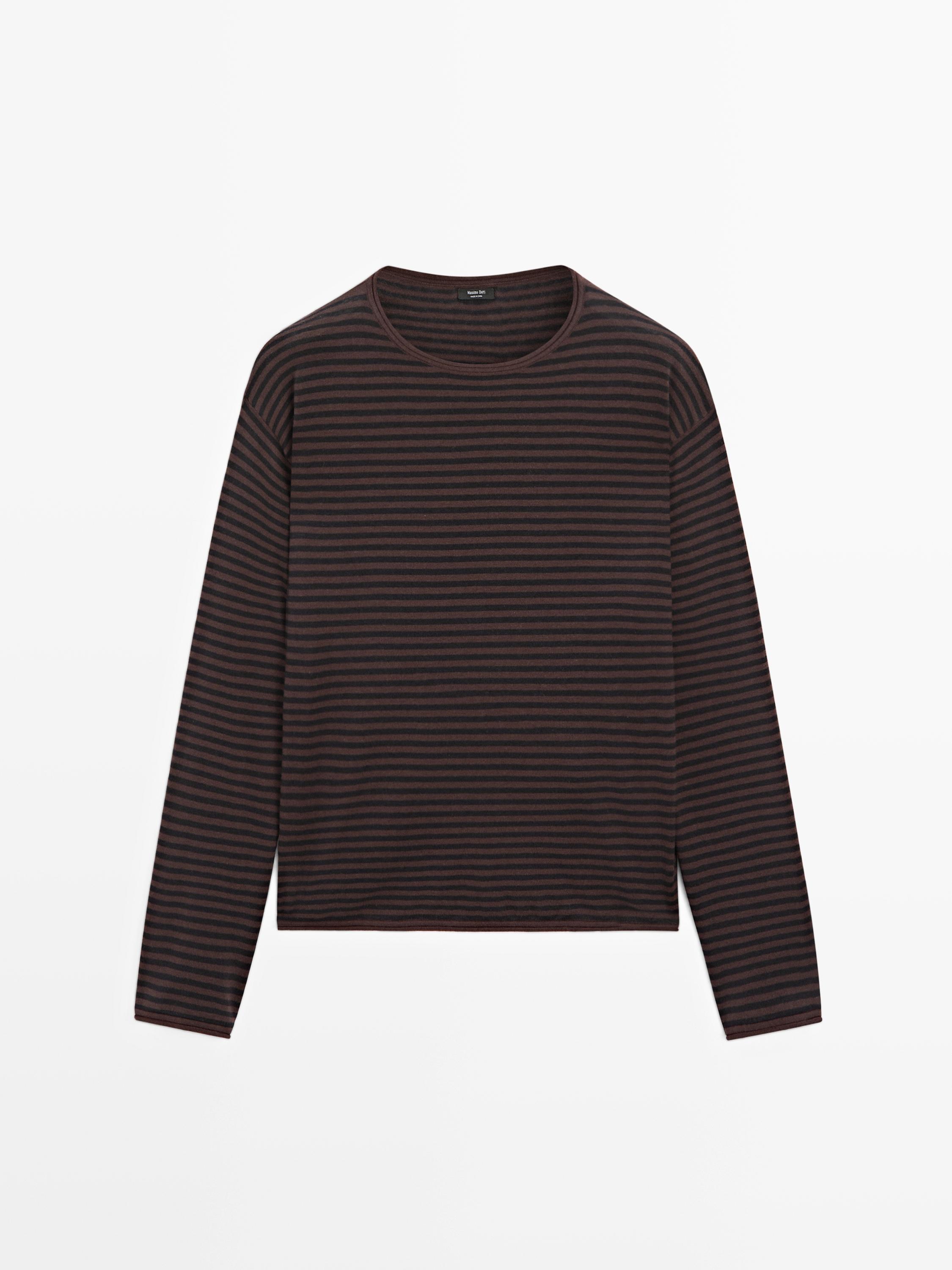 Вязаный свитер в полоску из хлопковой смеси Massimo Dutti, brown — фото 2
