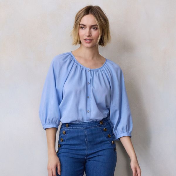 

Женская блуза с рукавом реглан на пуговицах в народном стиле Lc Lauren Conrad, цвет hepatica blue