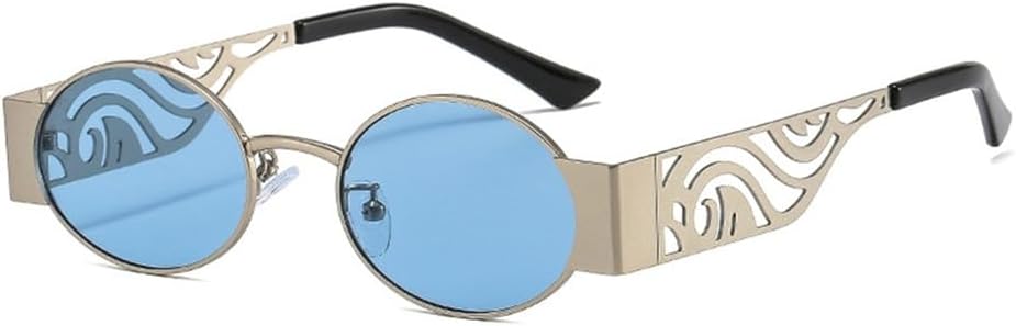 

Солнцезащитные очки в стиле стимпанк для мужчин и женщин, винтажные, маленькие, овальные, ретро, ​​панк, металлические, с защитой от УФ-излучения UV400 HDUBFY, Silver Blue