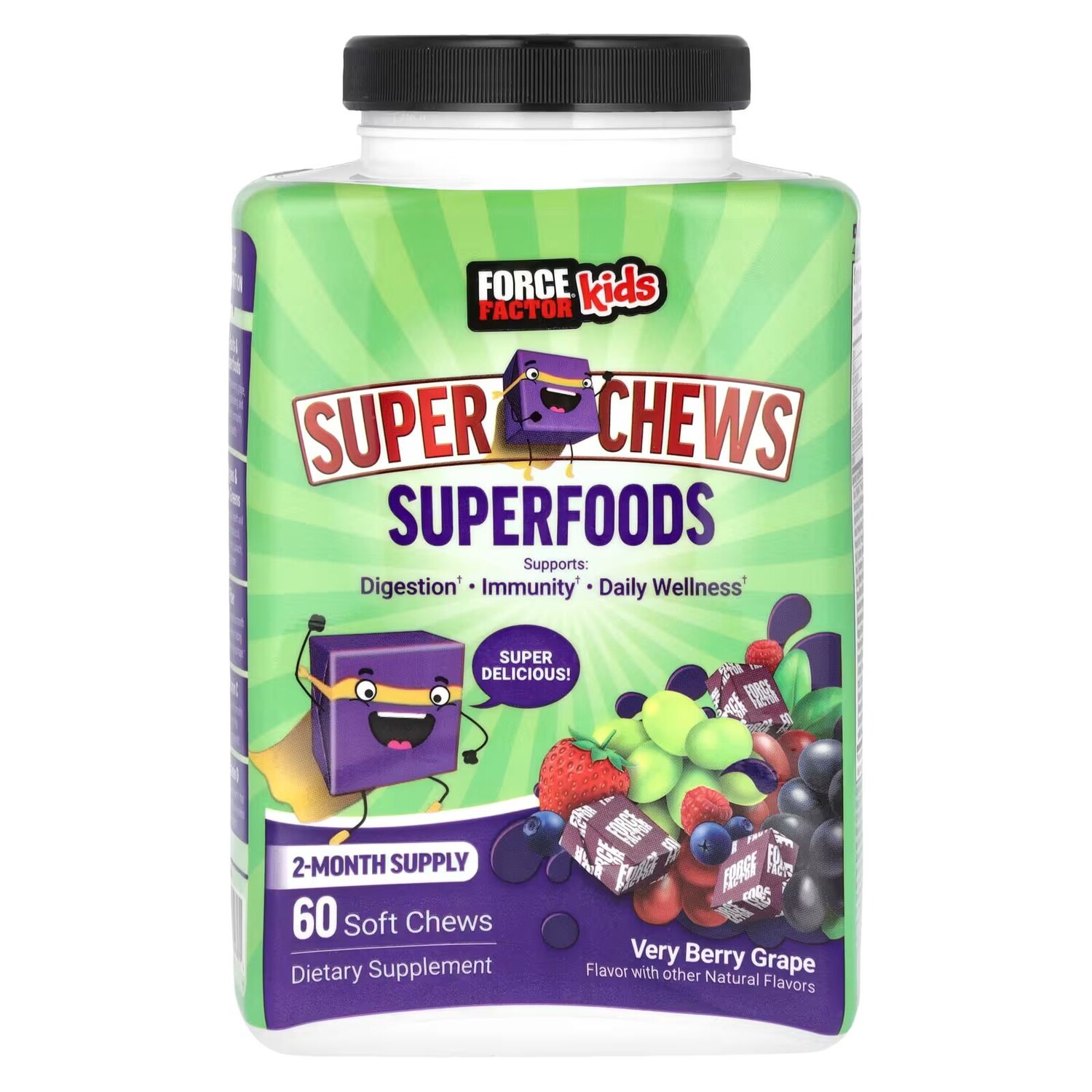 

Kids, Суперпродукты Super Chews, очень ягодный виноград, 60 мягких жевательных конфет Force Factor