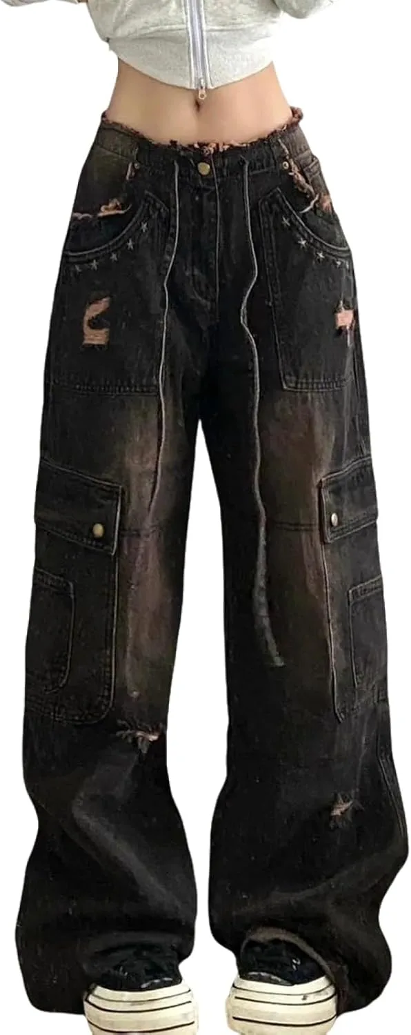 

Женские джинсы Y2K в ретро-стиле с потертыми краями и множеством карманов MEOKIM