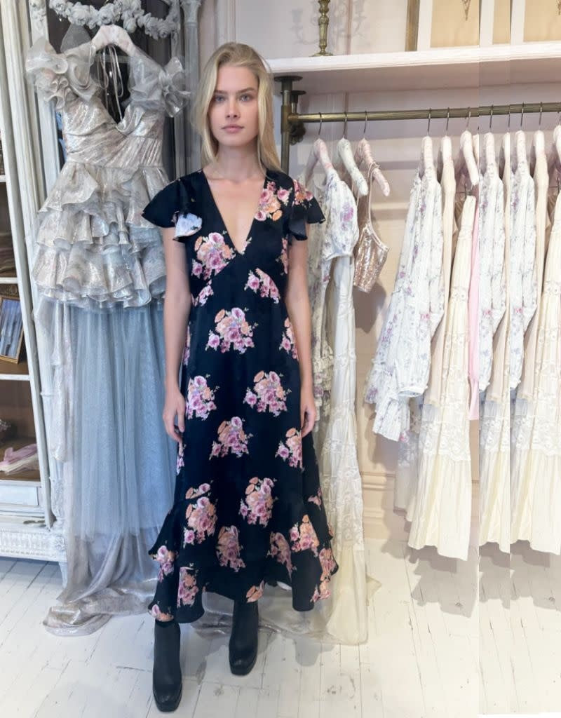 

LoveShackFancy Женское платье-миди Elowen Black Pearl Flora Satin Jacquard