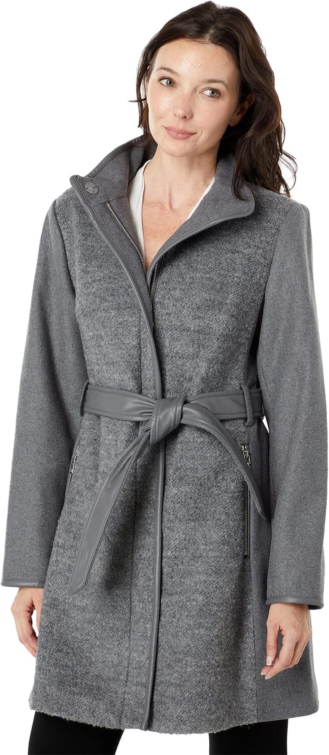 

Куртка Vince Camuto Belted Wool Coat with High Neck and PU Trim V29777A-ME, цвет Medium Grey