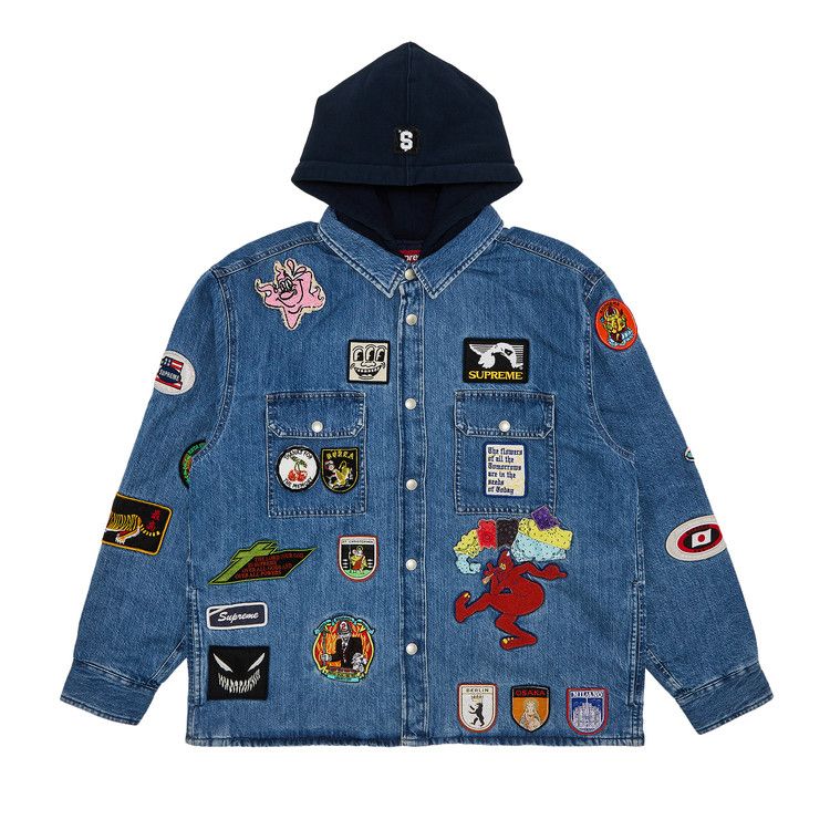

Рубашка Supreme Patches Hooded Zip Up Shirt, Denim