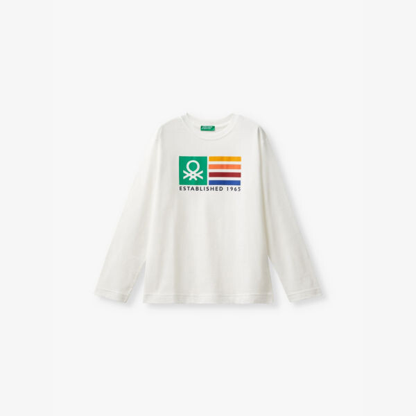 

Футболка с графическим принтом и длинными рукавами из органического хлопка для детей 6-14 лет Benetton, белый