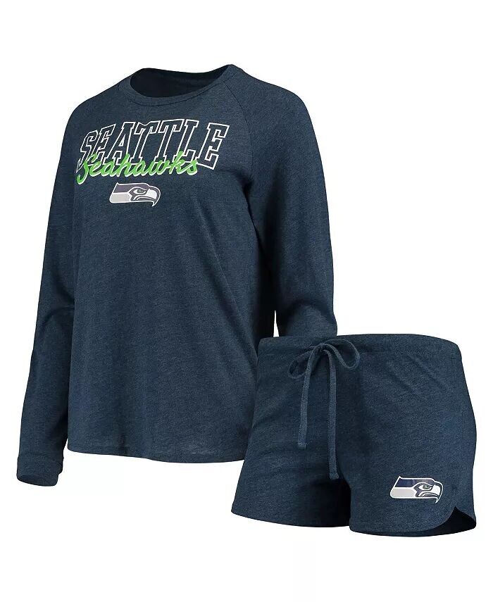 

Женский темно-синий комплект для сна Seattle Seahawks с длинными рукавами реглан и шортами в метр Concepts Sport