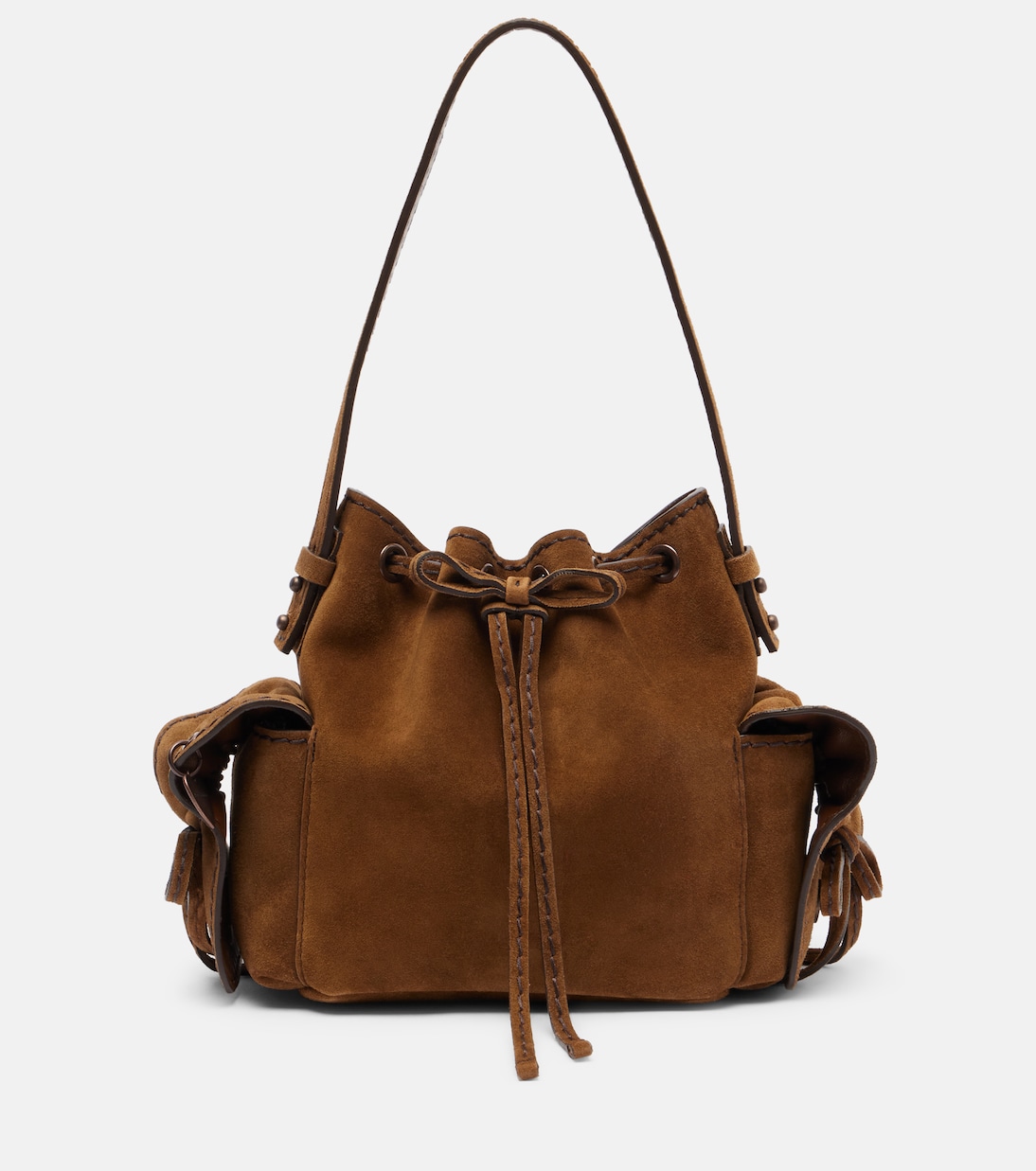 

Миниатюрная замшевая сумка-ведро с несколькими карманами Acne Studios, Cognac Brown
