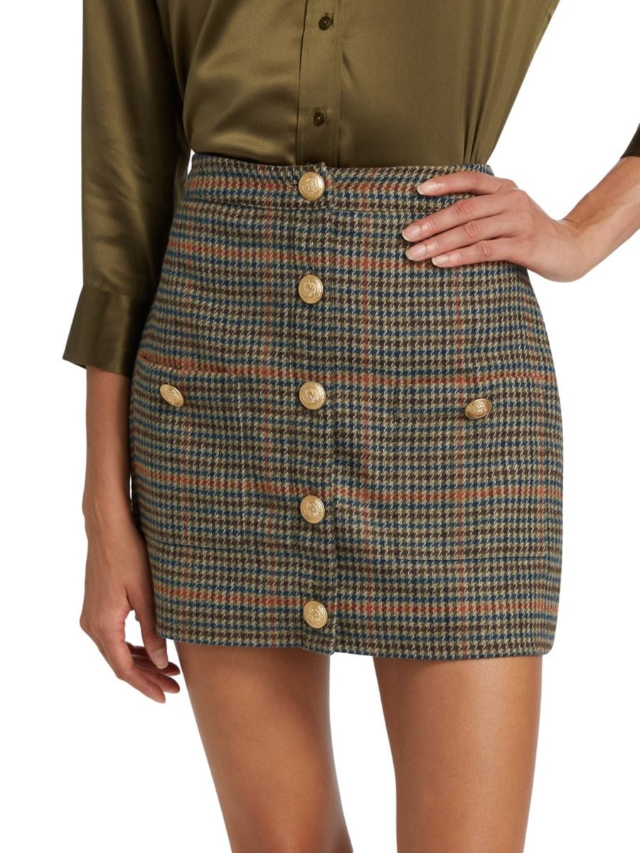 

Мини-юбка Zander на пуговицах спереди L'AGENCE, цвет Tan Teal Plaid