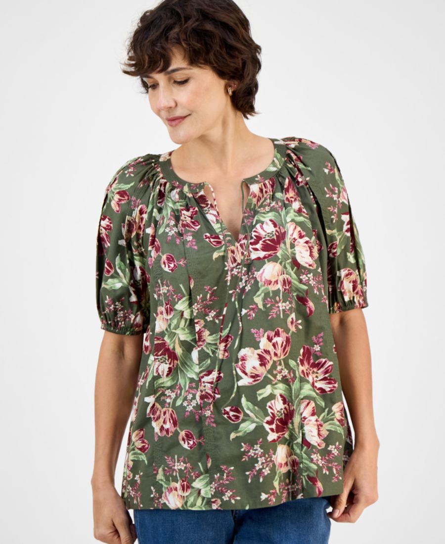 

Женская блузка с разрезом на воротнике и рукавами реглан, эксклюзивно для Macy's Style & Co, Green Floral
