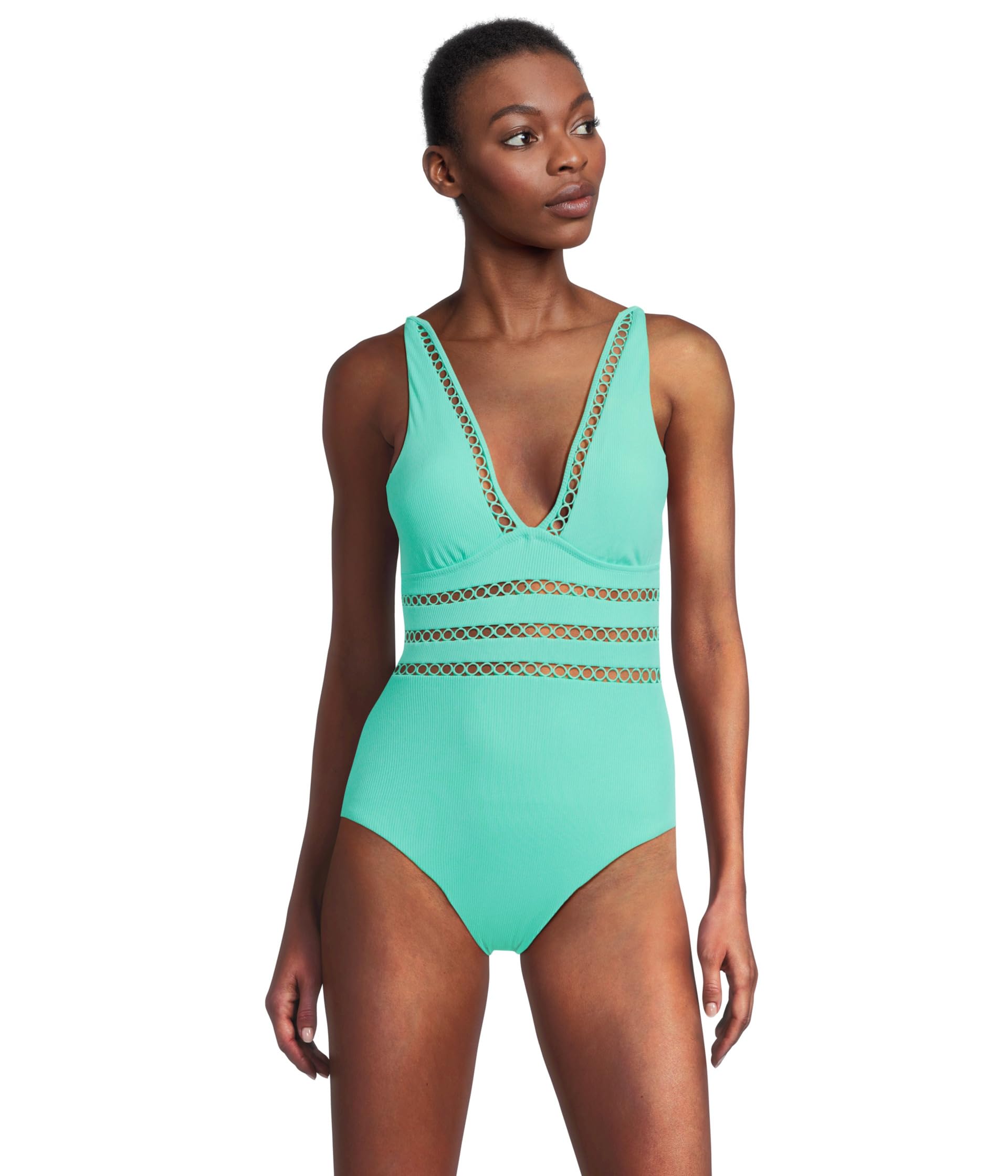 

Купальник BECCA Modern Edge Rib Toni Plunge One Piece, Aqua Sea