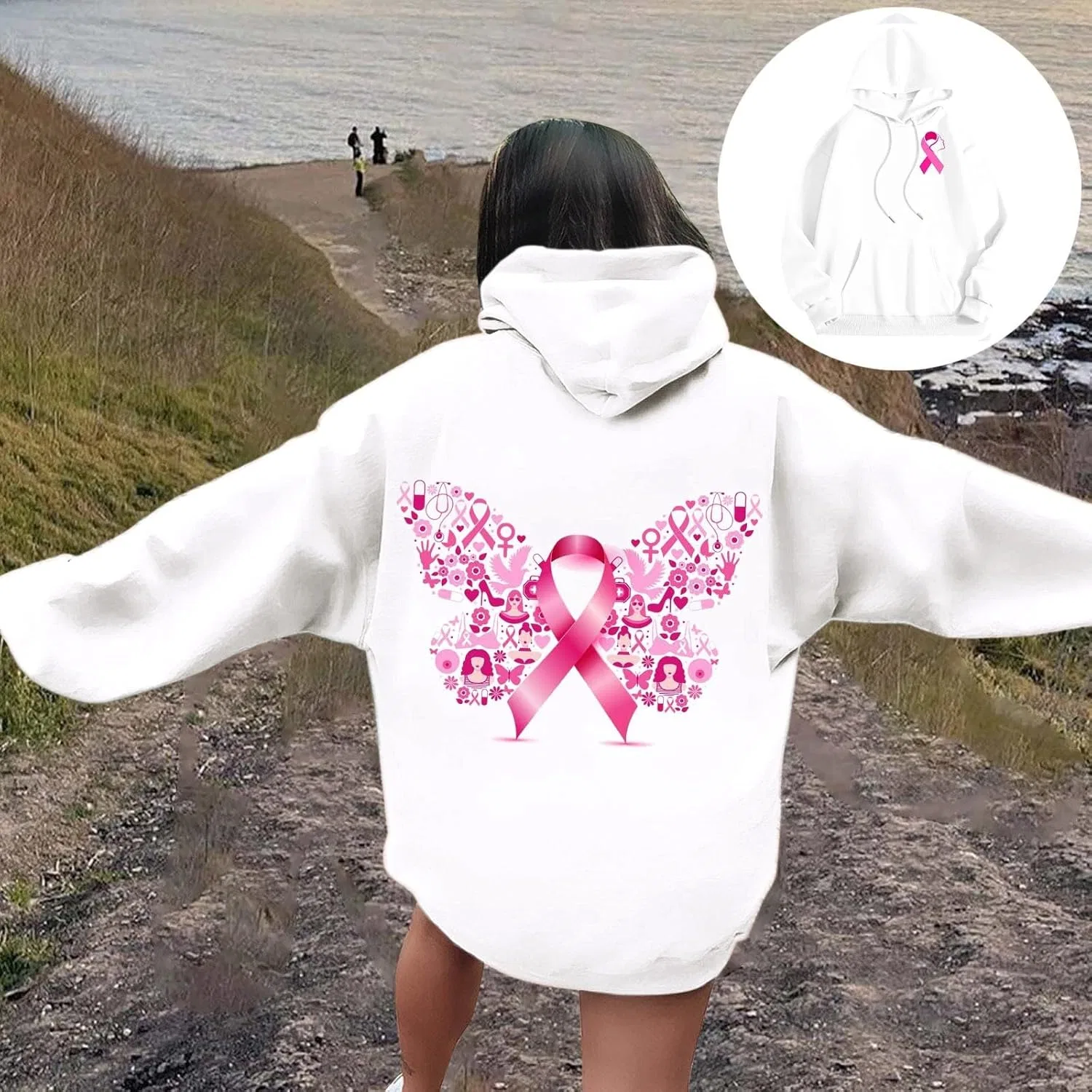 Худи женское с принтом Rainbow, бренд Breast Cancer, на молнии, белое — фото 4
