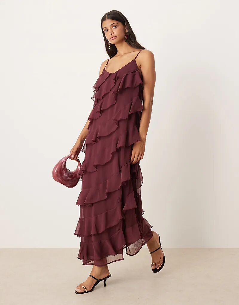 

Платье макси Vila с асимметричным жабо и разрезом сбоку в бордовом цвете