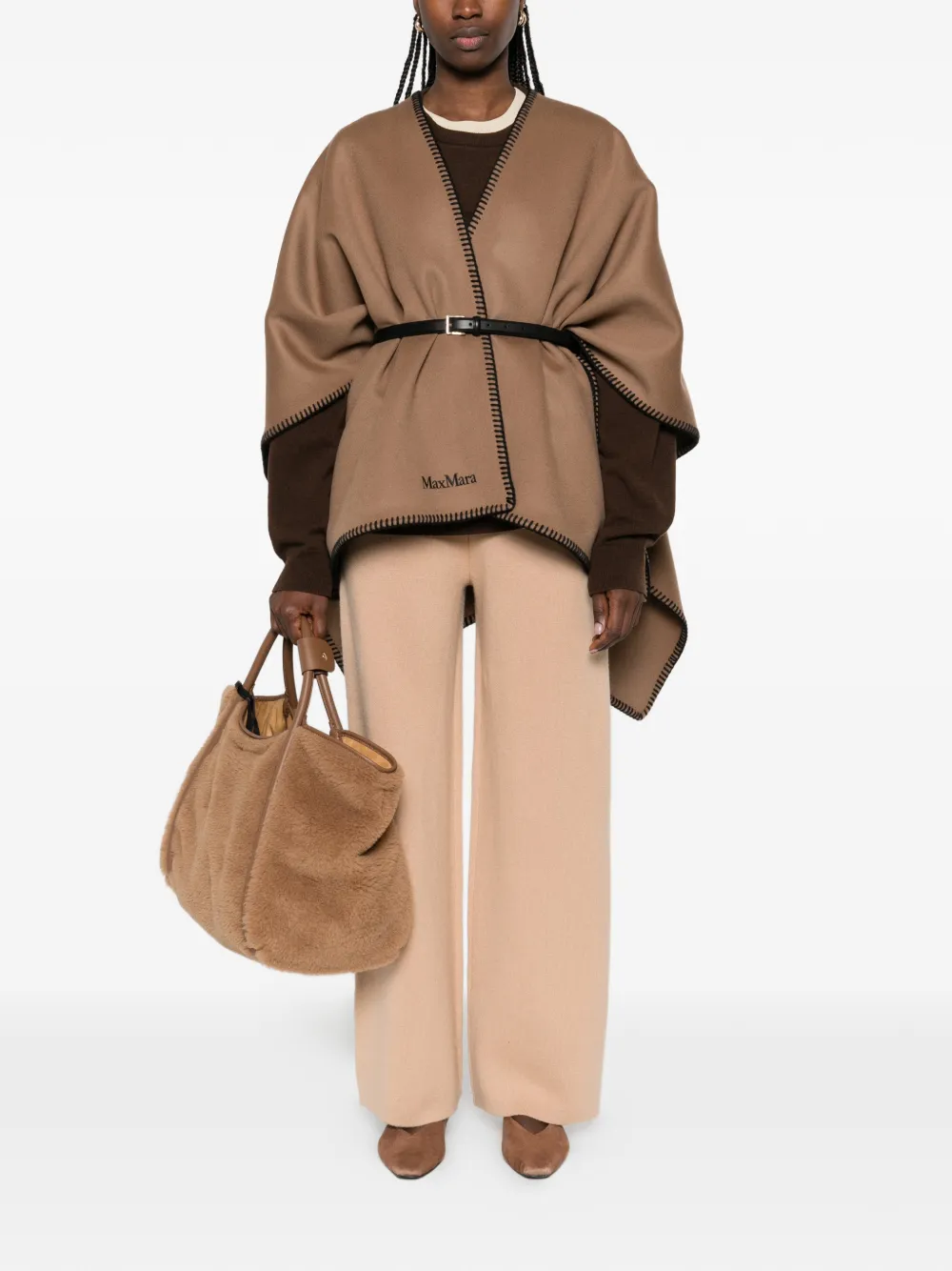 Пончо с поясом и отделкой строчкой «плед» Max Mara, коричневый — фото 2