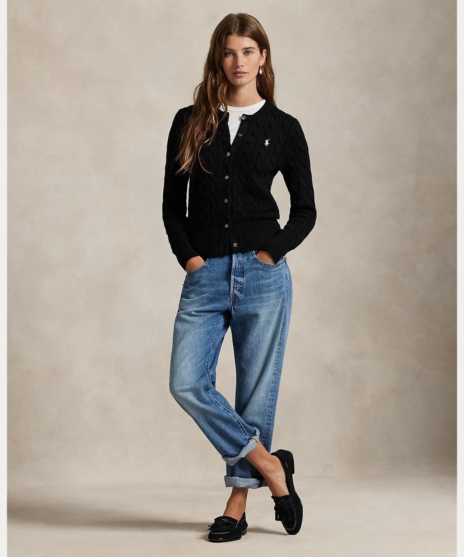 Хлопковый кардиган с круглым вырезом и косами. Polo Ralph Lauren, 001 Black — фото 3