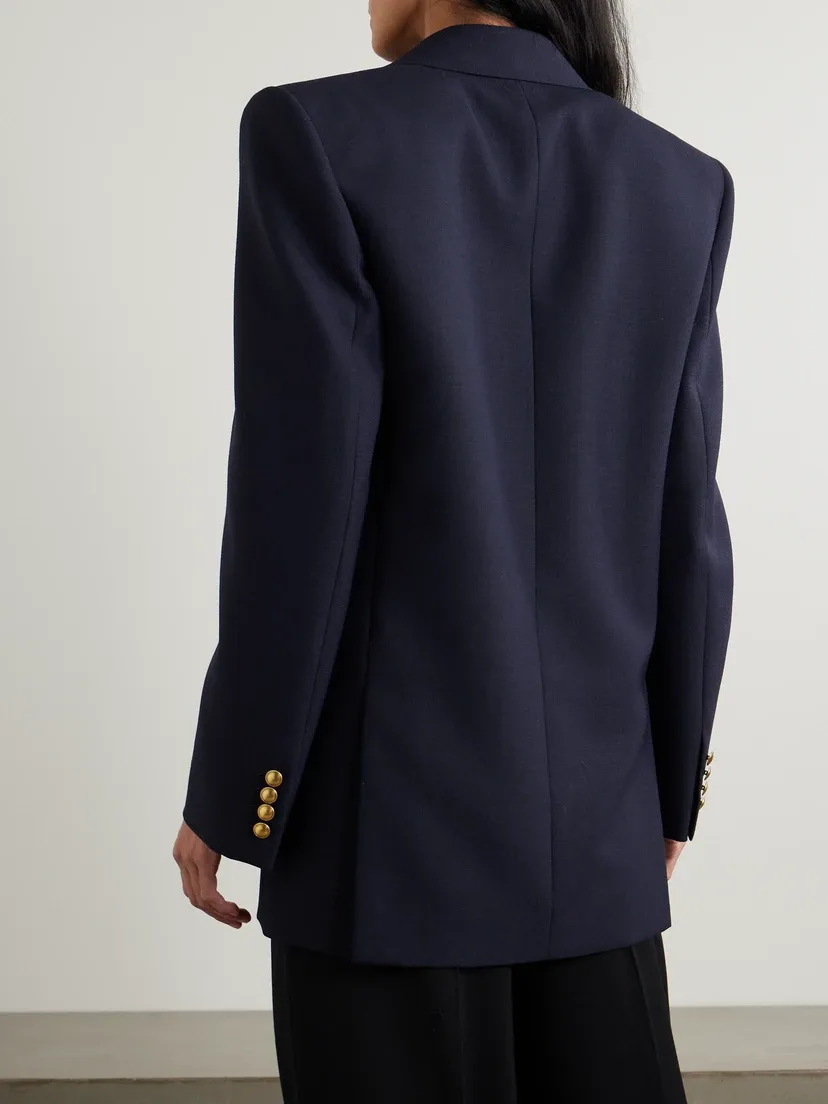 Удлиненный двубортный пиджак из шерсти grain de poudre SAINT LAURENT, синий — фото 4
