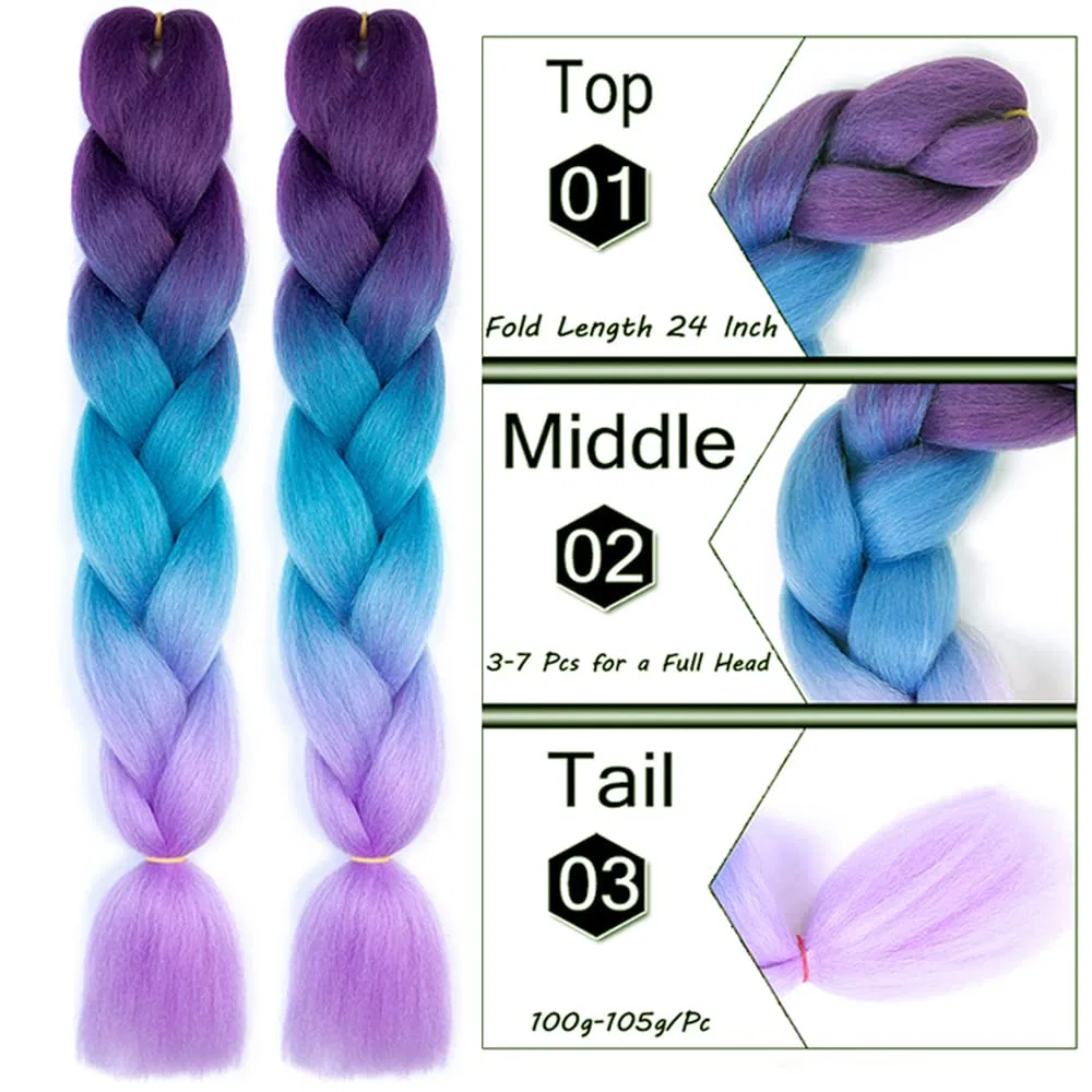 Искусственные волосы для плетения омбре «Jumbo Braid» ColorfulPanda Colorful Panda, Dark Purple/Blue/Light Purple — фото 3