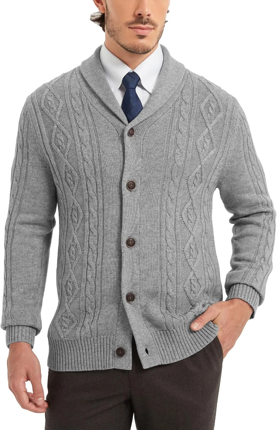 

Мужской кардиган Kallspin из шерстяной смеси с косой вязкой и воротником-шалью