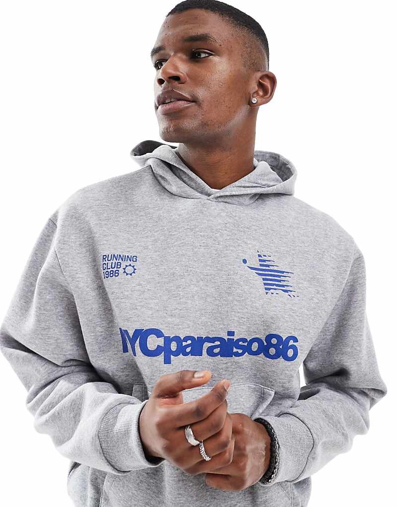 

Серое объемное худи свободного кроя со спортивным принтом ASOS DESIGN