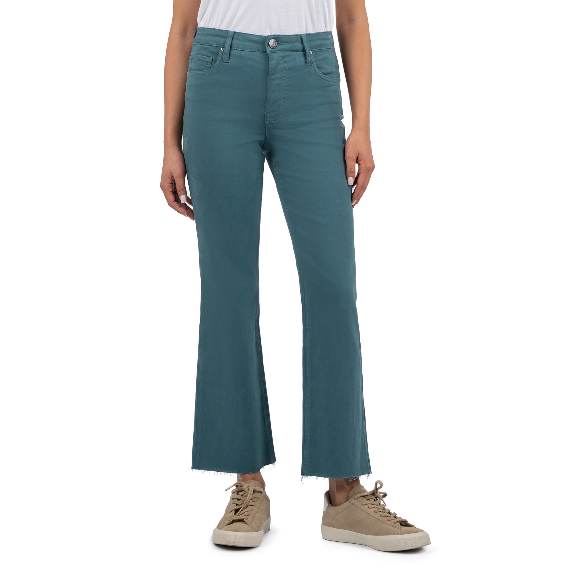 

Джинсы KUT from the Kloth Kelsey High-Rise Fab Ab Ankle Flare With Raw Hem in Teal, цвет Teal